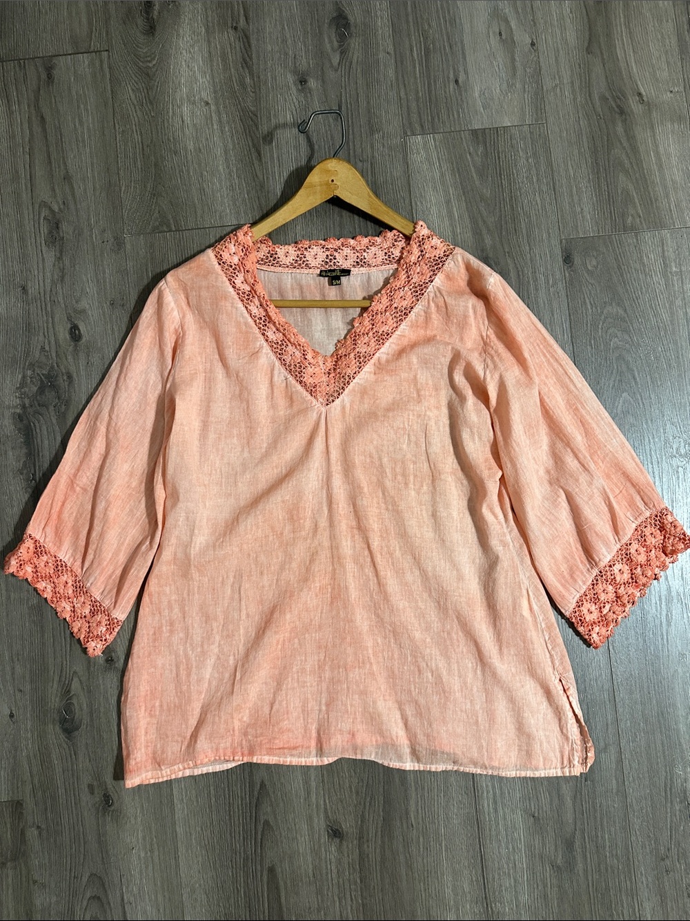 Women's Peach Crochet-Trim V-Neck Tunic Top 100% Cotton 3/4 Sleeves
